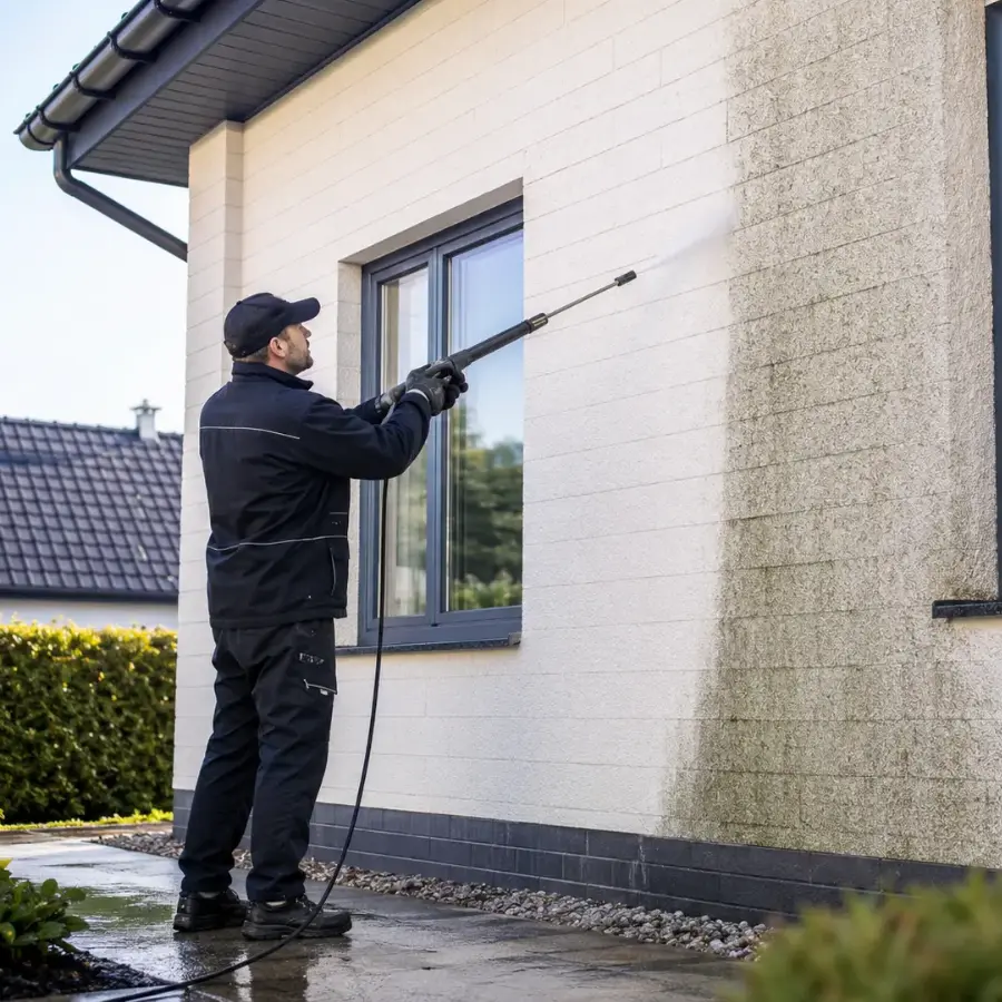 Fassadenreinigung eines Wohnhauses mit sichtbarem Vorher-Nachher-Effekt