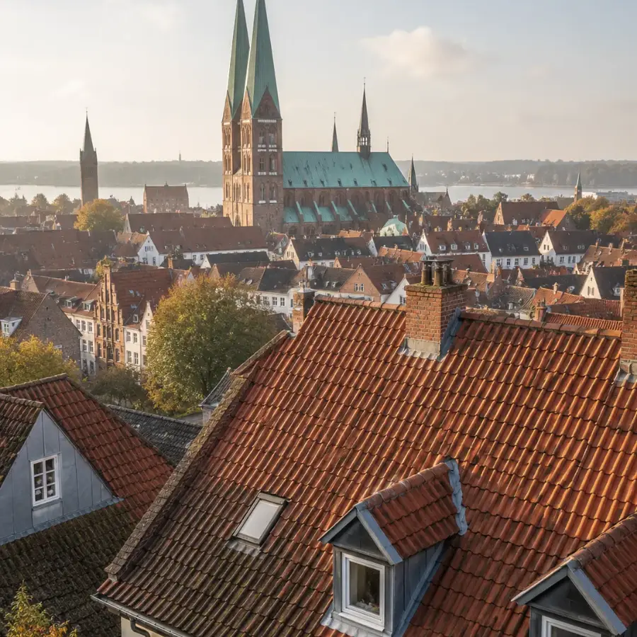 Dächer der Lübecker Altstadt mit Blick auf die historischen Kirchtürme – Dachreinigung in Lübeck