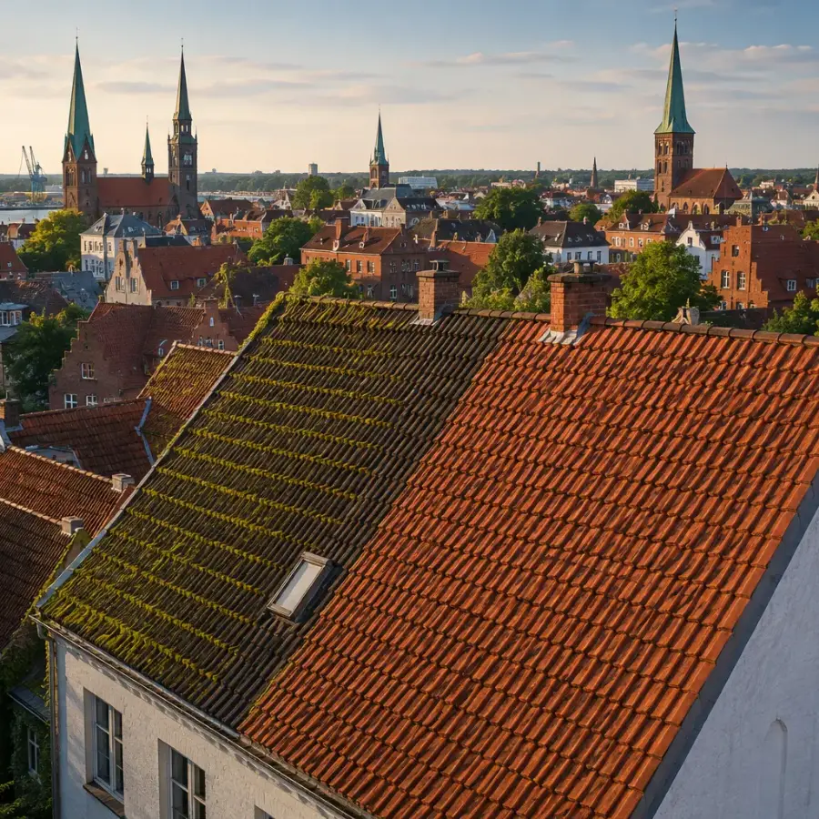 Vermoostes und gereinigtes Ziegeldach nach einer Dachreinigung in Kiel