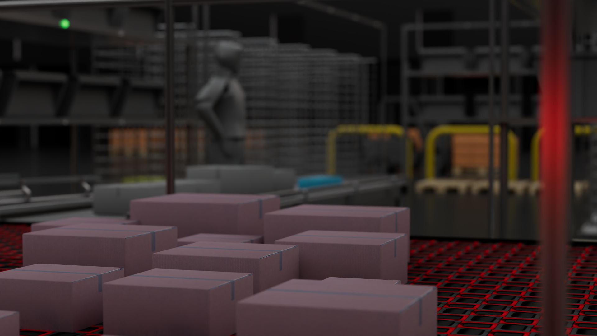 Stack of sealed cardboard boxes on a red and black conveyor belt in a warehouse with blurred industrial shelves and a human figure in the background.