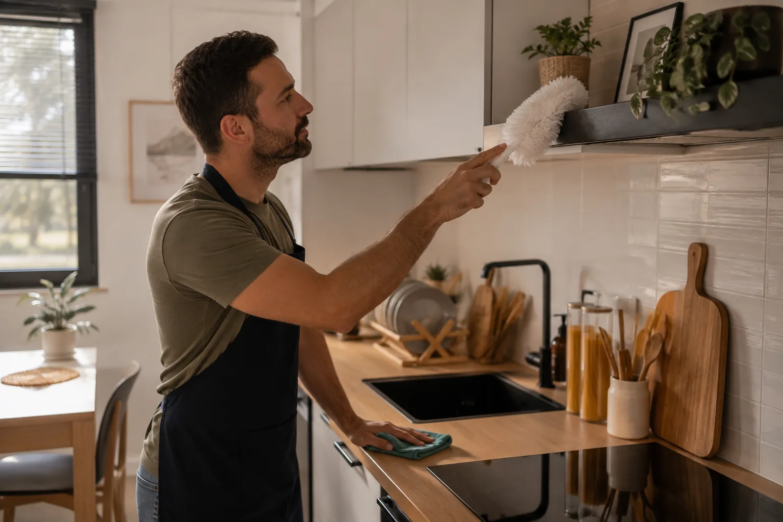 Un intervenant Solgo dépoussière un meuble de cuisine avant un état des lieux