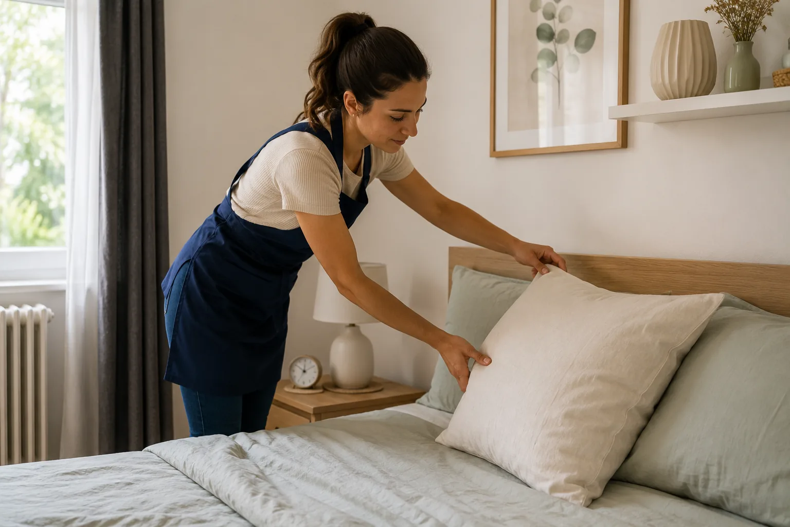 Une intervenante Solgo prépare une chambre lumineuse pour une location saisonnière