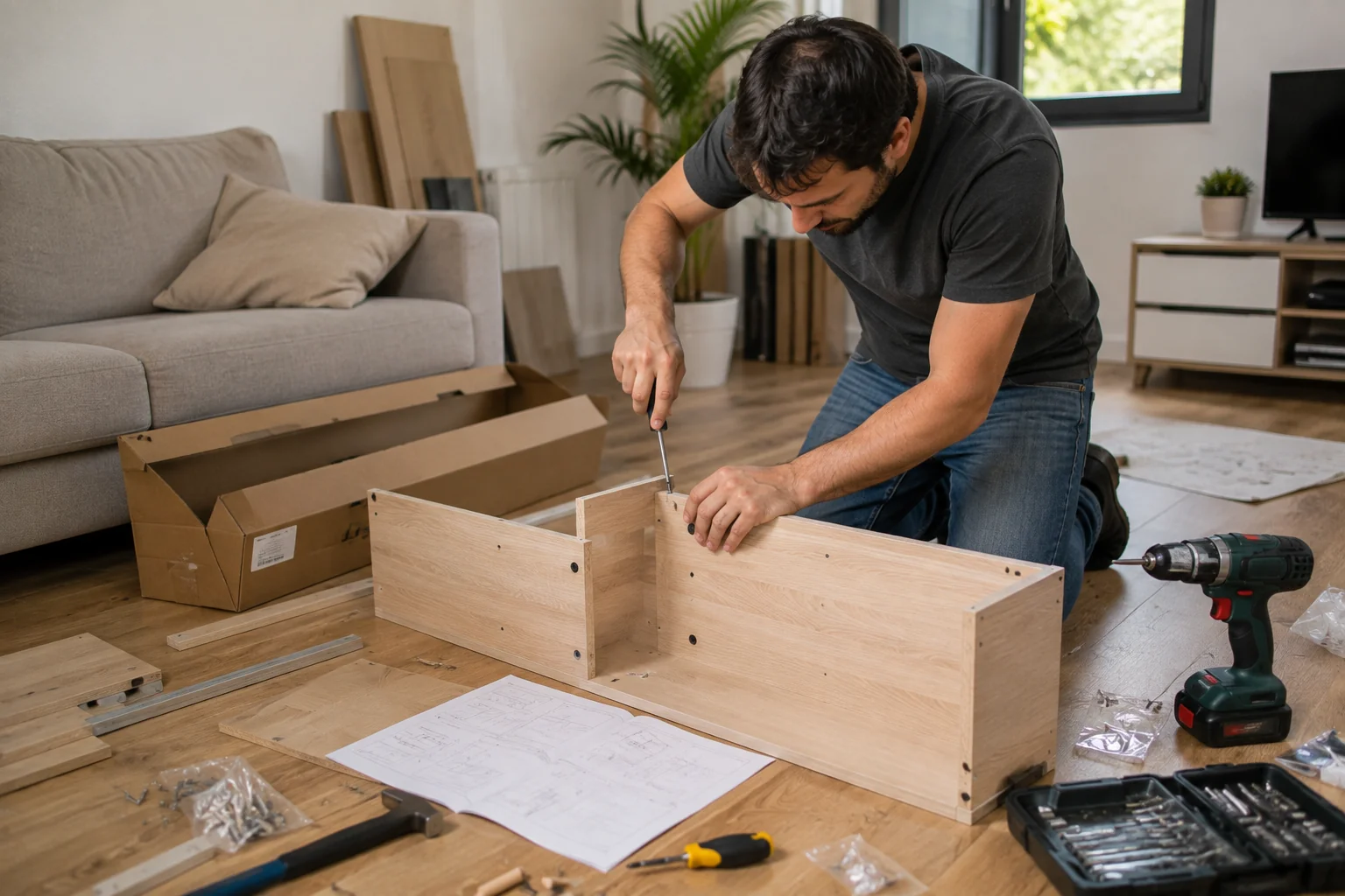 Montage d'un meuble en kit par un intervenant Solgo
