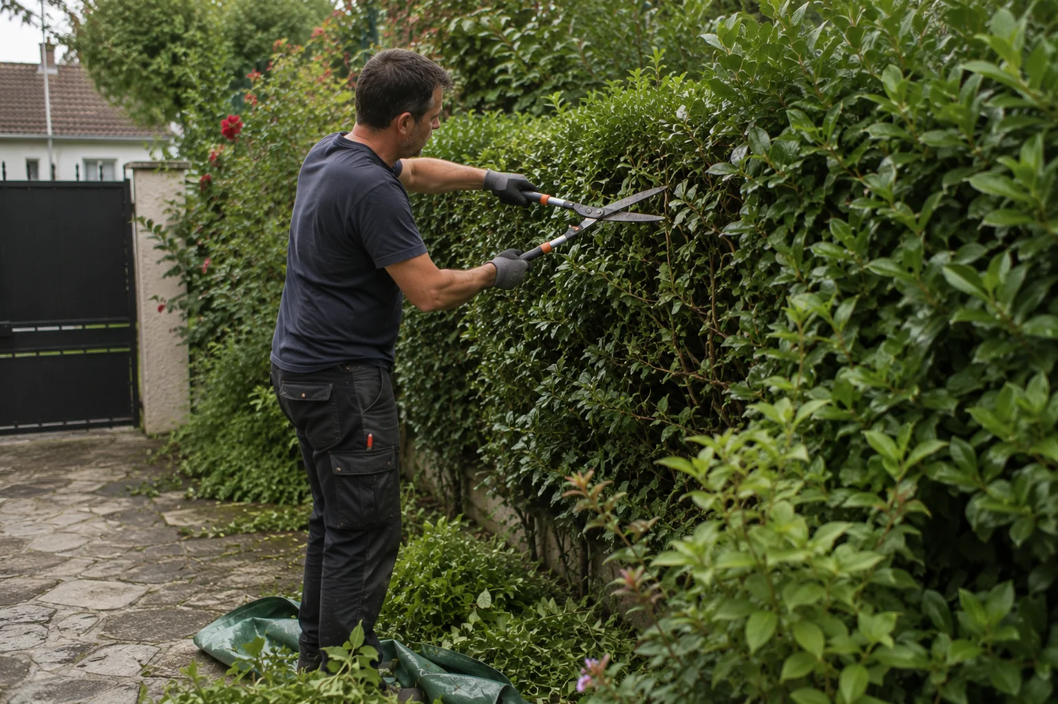 Taille de haie au sécateur par un intervenant Solgo