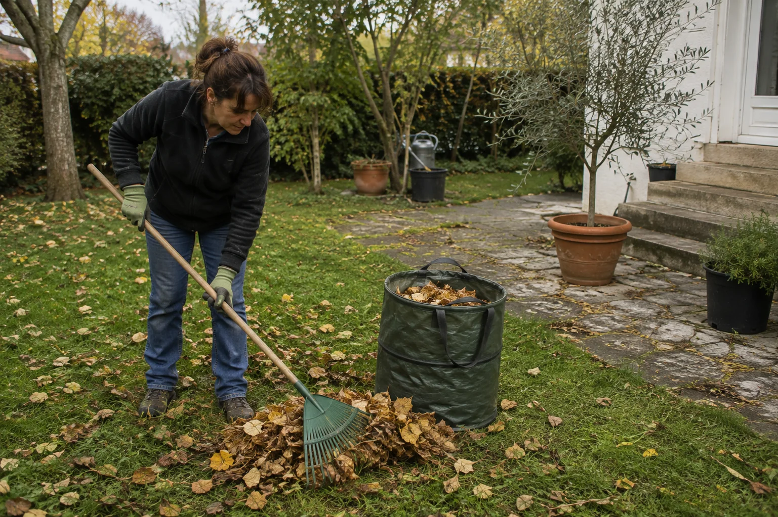 Une intervenante Solgo ramasse les feuilles mortes dans un jardin de particulier