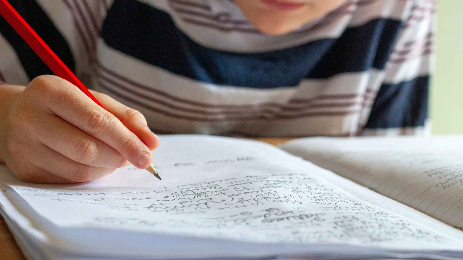 Un élève de primaire écrit dans son cahier pendant un cours à domicile