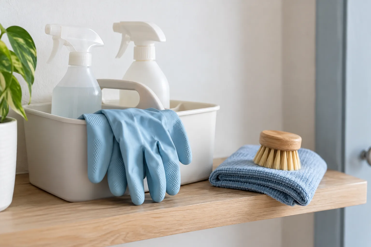 Panier de produits ménagers, gants et brosse posés sur une étagère en bois