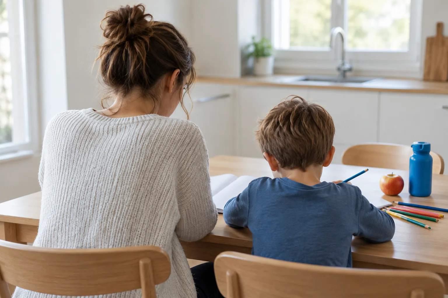 Une femme et un garçon, vus de dos, font les devoirs à la table de la cuisine, un goûter posé à côté