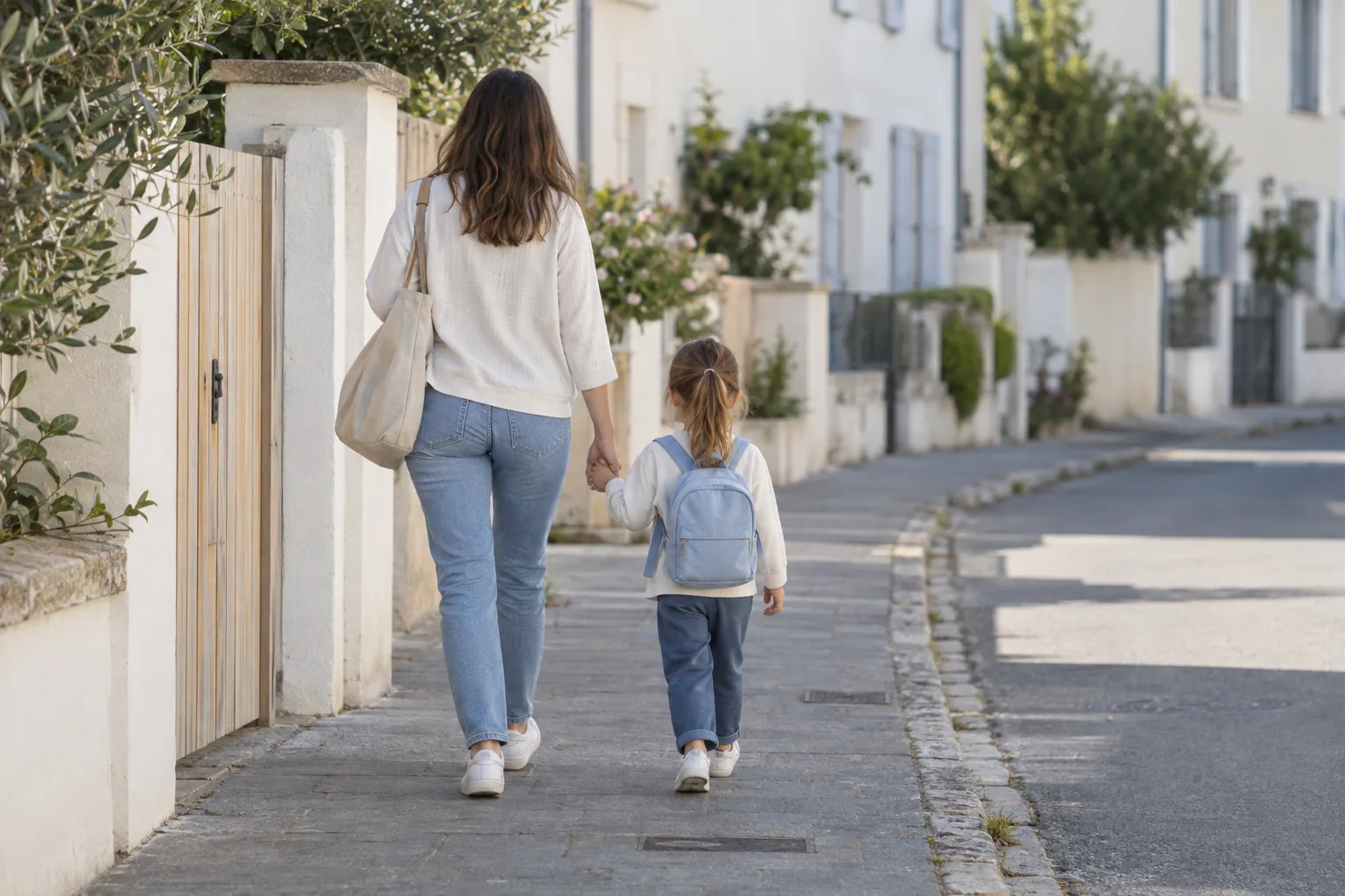 Une femme et une petite fille, vues de dos, marchent main dans la main dans une rue calme, cartable bleu clair sur le dos