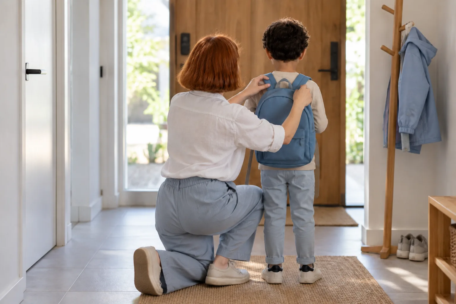 Le matin avant l’école, une femme vue de dos aide un petit garçon à mettre son cartable bleu, dans l’entrée