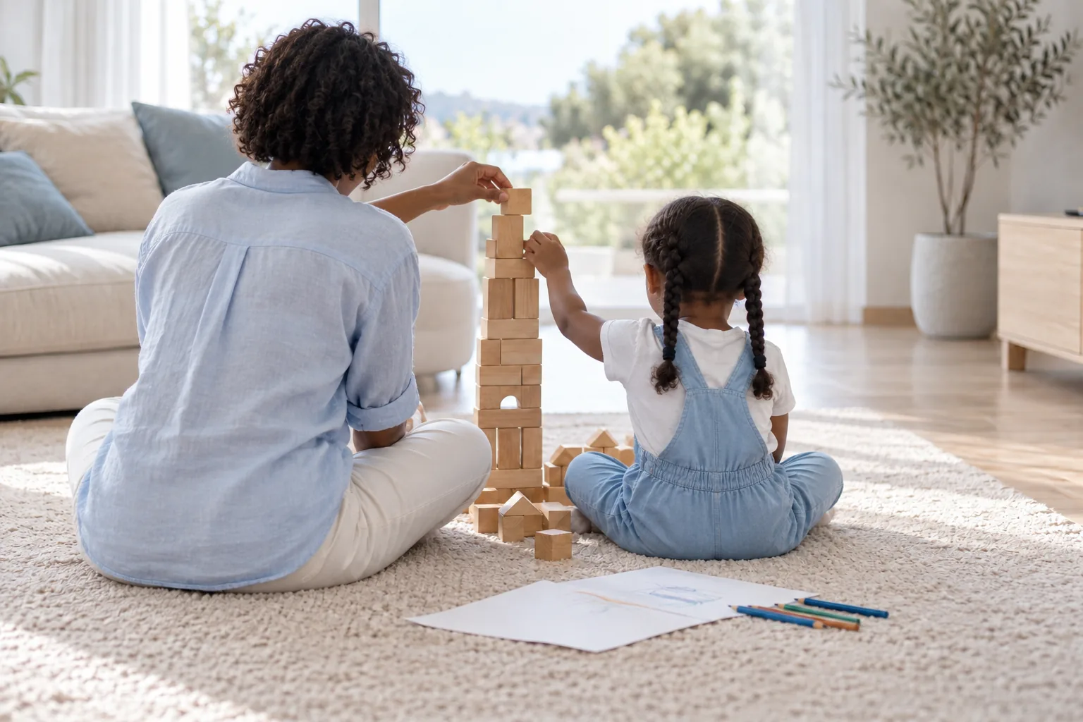 Une femme et une petite fille, vues de dos, construisent une tour en blocs de bois sur le tapis du salon