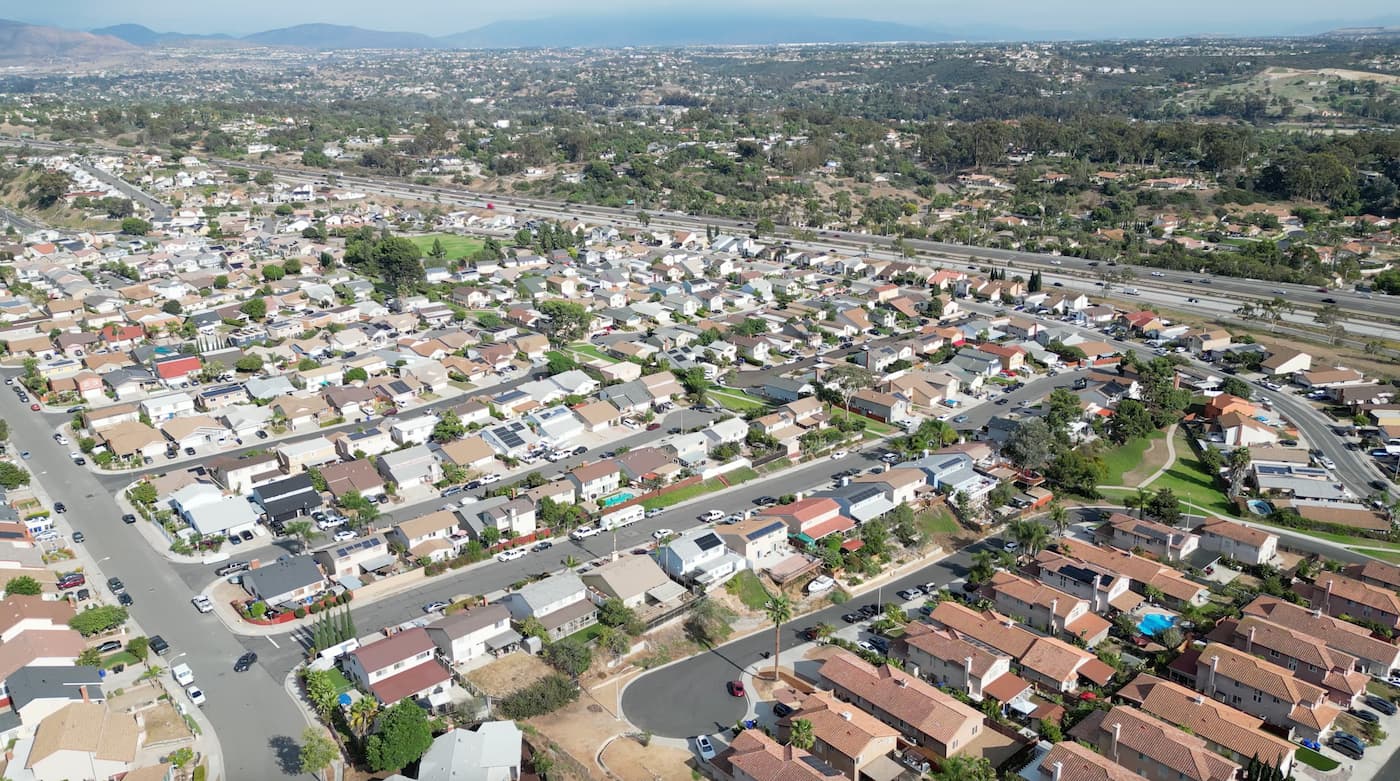 Overview drone shot of a neighborhood in San Diego