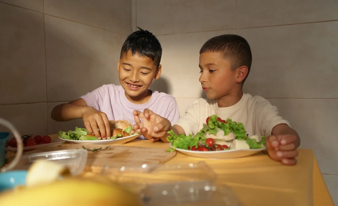 two kids eating sandwich with lettuce in it