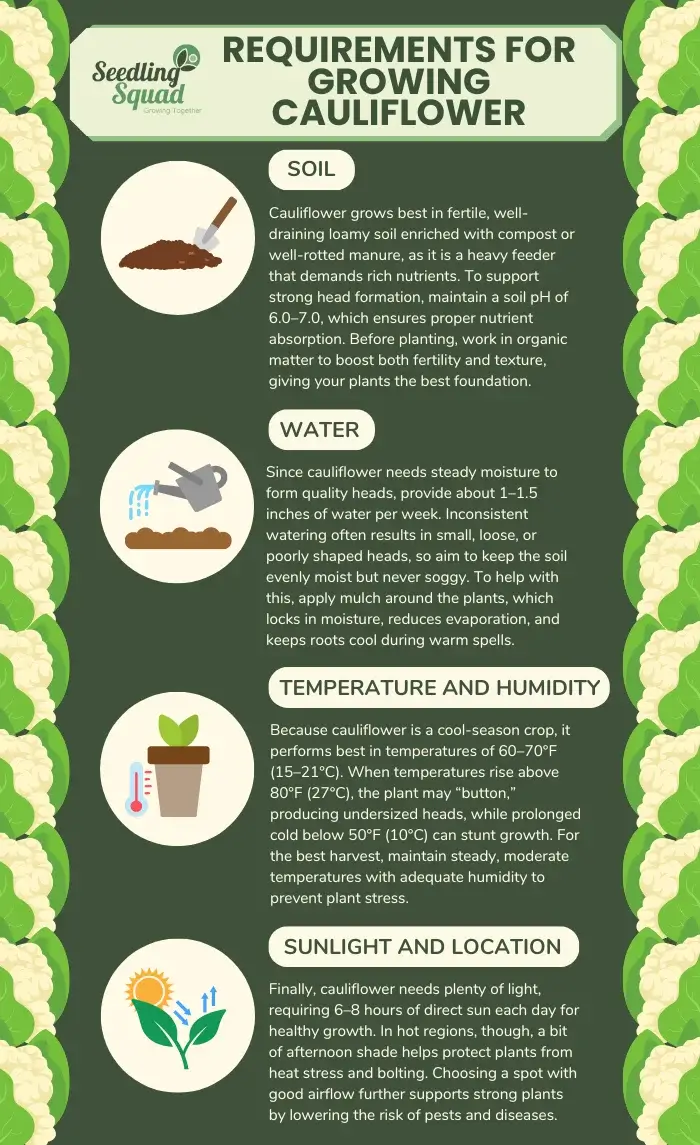 Requirements for Growing Cauliflower infographics: soil, water, temperature and humidity, sunlight and location