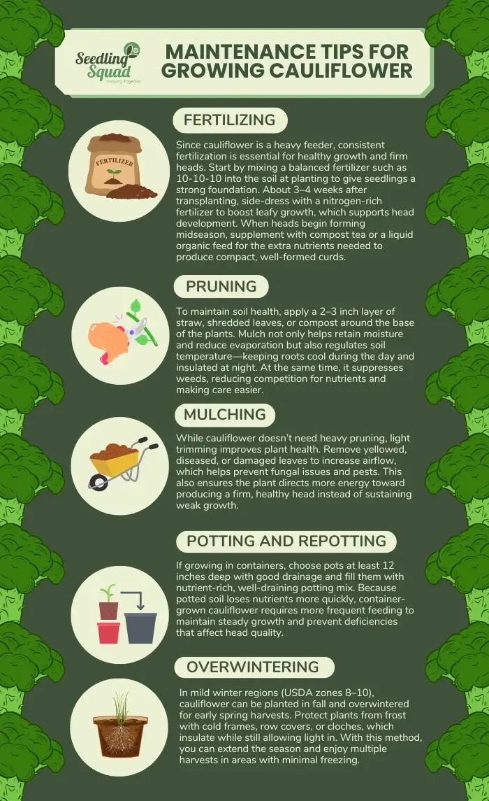Maintenance Tips for Growing Cauliflower: fertilizing, pruning, mulching, potting and repotting