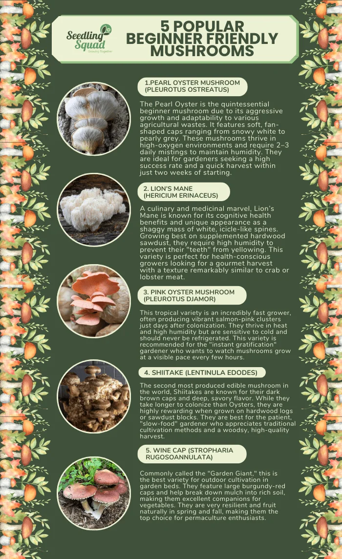 5 popular beginner friendly mushrooms infographics