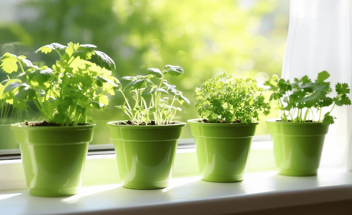 indoor herbs in pots by the windowsill
