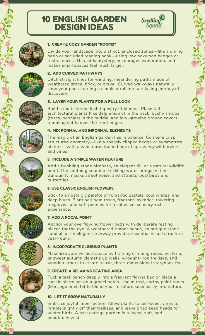 10 English Garden Design Ideas infographic