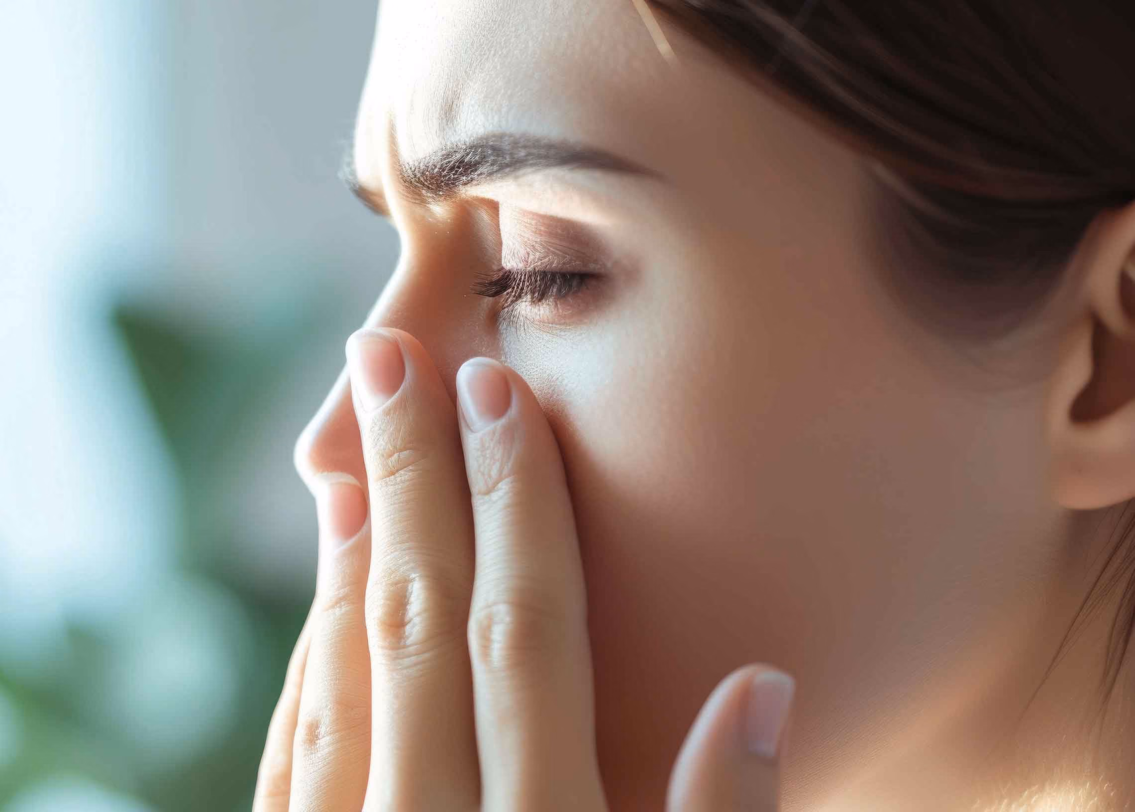 Woman struggling to breathe through one side of his nose