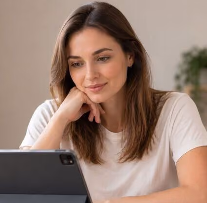 Ukrainische Frau schaut sich auf einem iPad einen Integrationskurs der DGO an