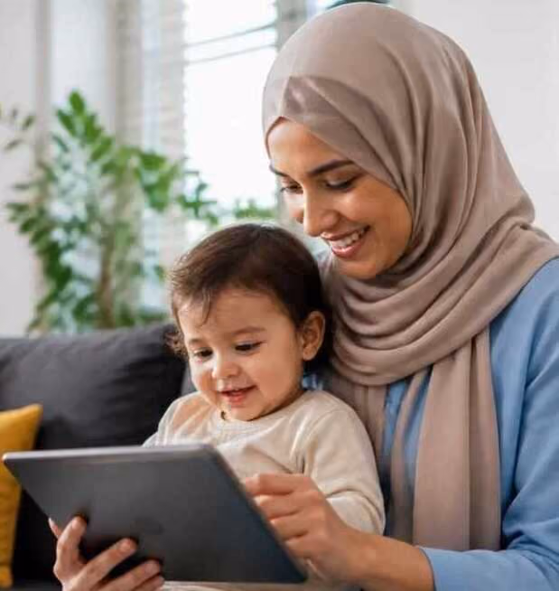 Muslimische Frau schaut sich auf einem iPad einen Integrationskurs der DGO an