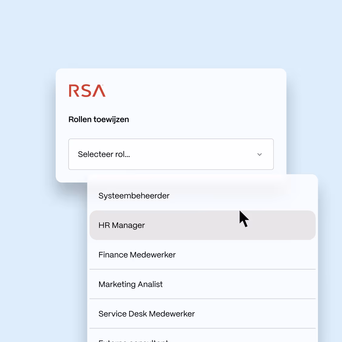 Een nagemaakte interface van RSA Governance en Lifecycle oplossing waarbij de gebruiker een rol selecteert