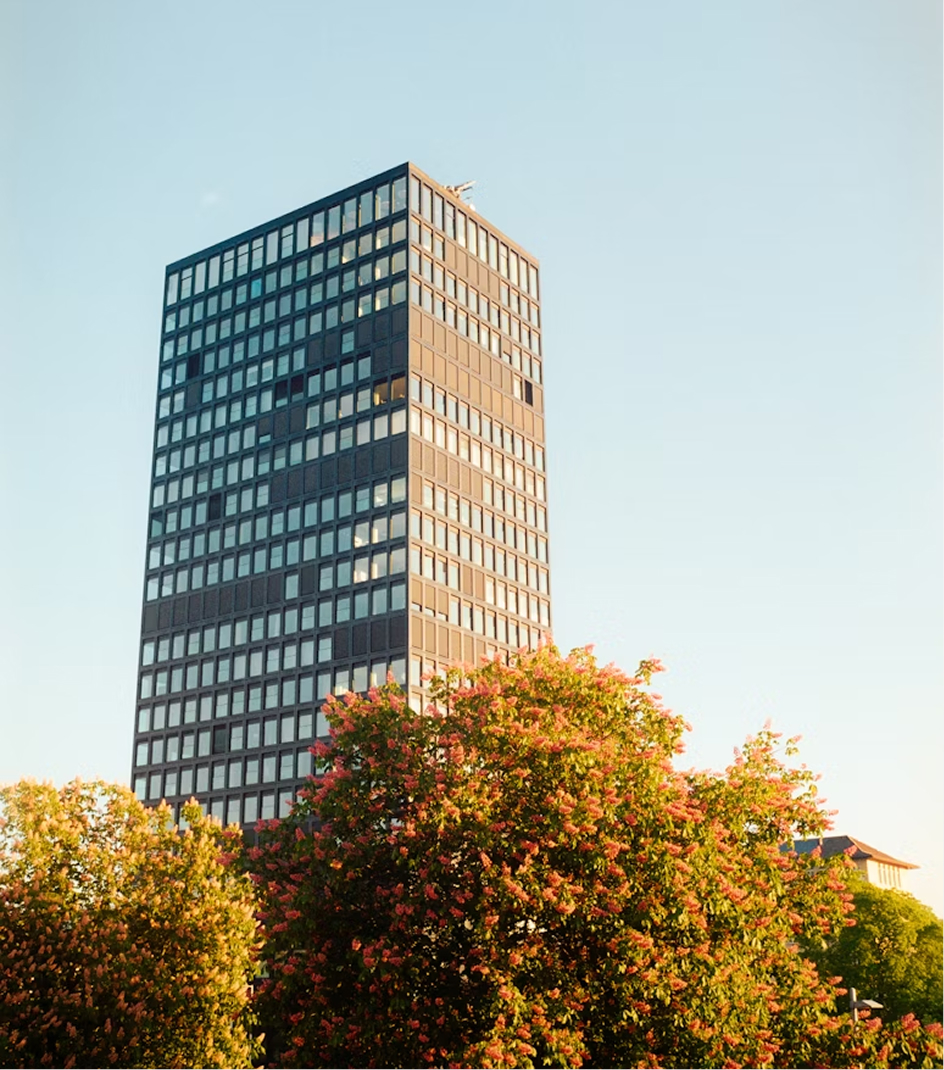 Gebouw van een grote afstand tussen de bomen