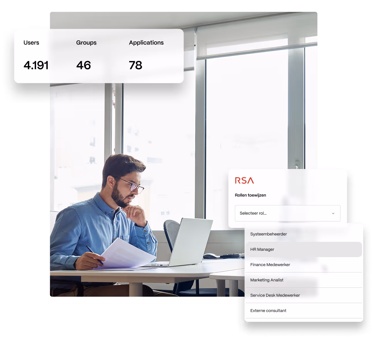 Man werkend achter laptop met papierwerk in zijn hand met daar overheen weergegevens interface onderdelen van een identity Governance lifecycle oplossing van RSA