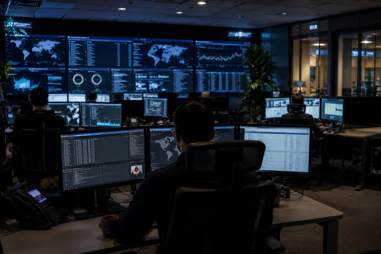 Security Operations Center with multiple screens for cybersecurity monitoring.
