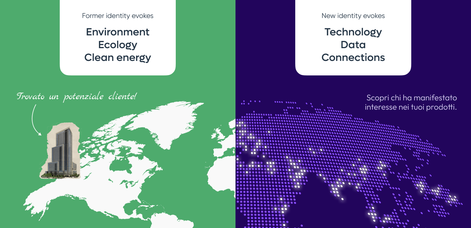 The former identity evokes environment, ecology, clean energy. The new identity evokes technology, data and connections.