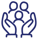 Icon of two hands holding three stylized people figures representing care and support.