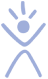 Simple blue abstract human figure with raised arms and a dot above the head.