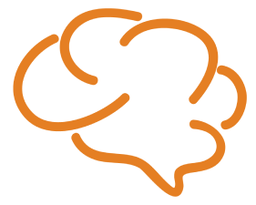 Orange outline of a brain combined with a speech bubble.