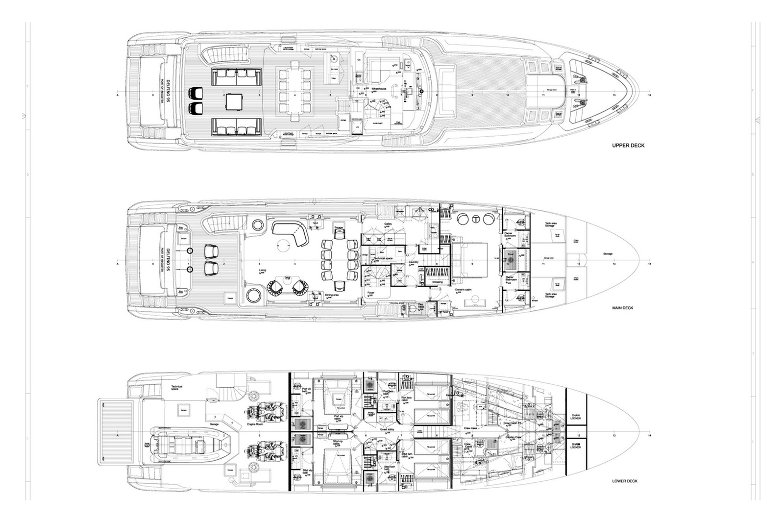 Rosinha motor yacht deck plan, upper, main and lower decks