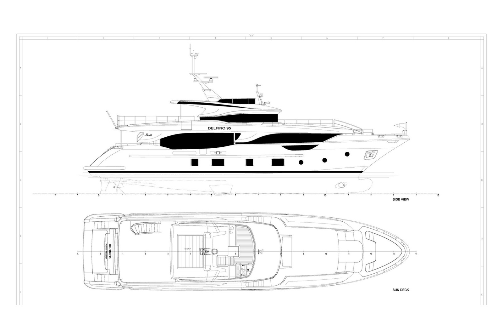 Rosinha motor yacht deck plan, side profile and sundeck