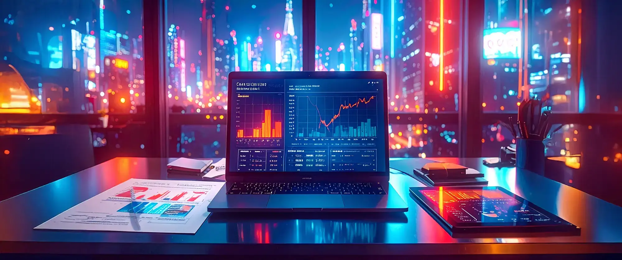 A desk setup with a laptop displaying cost estimation software, surrounded by printed reports, spreadsheets, and a tablet. Screens show orange-highlighted cost tables and charts on a dark blue interface.