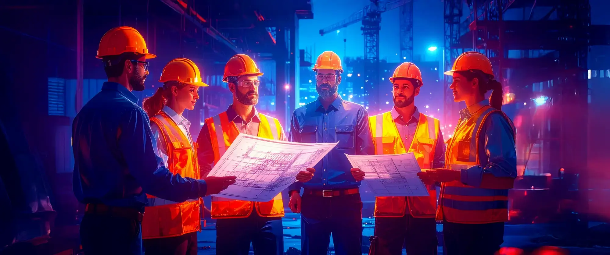 A group of construction professionals and engineers gathered on-site reviewing plans together, pointing and discussing.