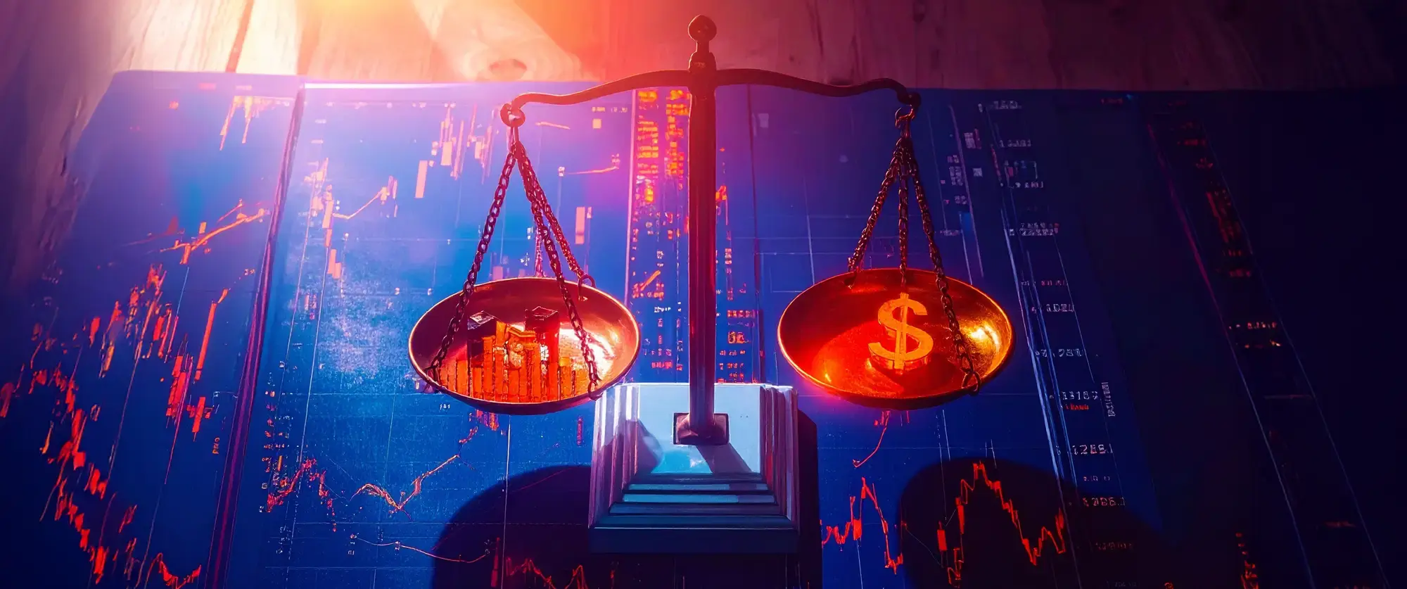 A modern balance scale placed on a dark blue surface, one side holding a graph, the other one a dollar symbol, with subtle differences highlighted in orange. The scale is perfectly centered, symbolizing careful comparison.