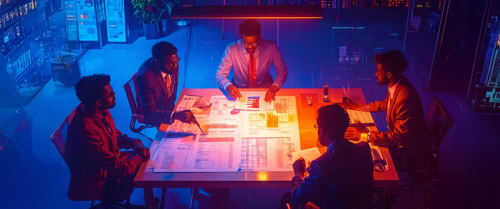 A modern corporate meeting room with a small team of professionals sitting around a table, reviewing printed cost estimation documents. Papers show clear tables with line items, quantities, and totals highlighted in orange. One person is pointing at the document while others listen.