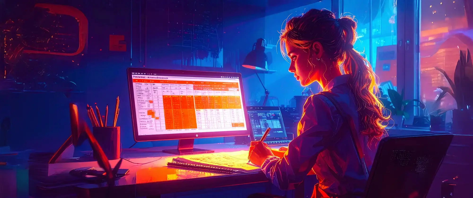 A professional working at a desk using a laptop displaying cost estimating tables, while also writing calculations in a notebook beside it. The screen shows structured data like quantities and totals in orange highlights.