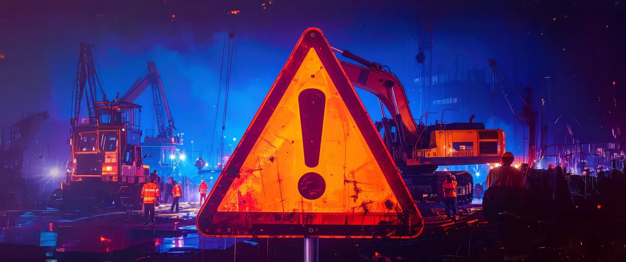 A central warning sign with a bold orange exclamation mark. Slightly chaotic but realistic environment. Dark blue tone with strong orange contrast on the warning symbol. High detail, clear visual tension.