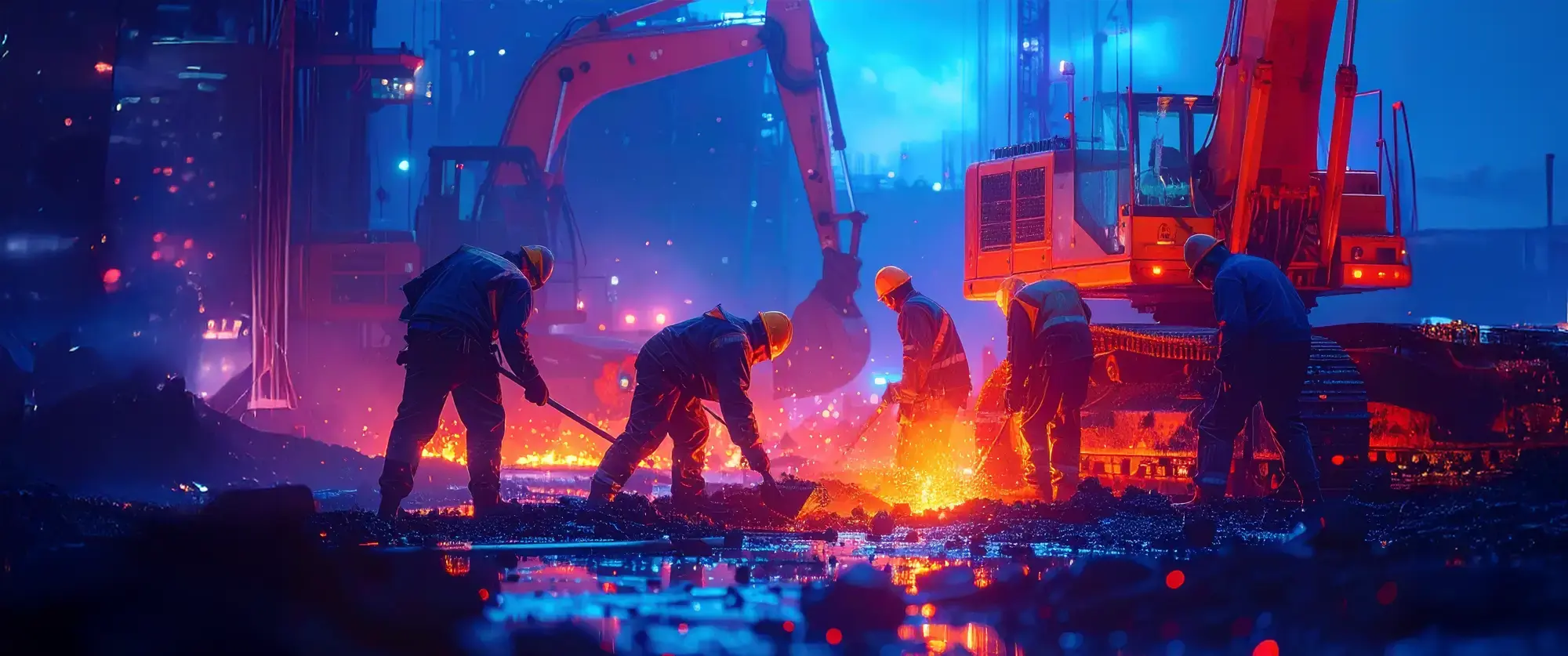 Close-up of construction workers actively working: pouring concrete, installing steel beams, and handling tools. Focus on human labor and teamwork. Orange highlights subtly emphasizing tools and movement.