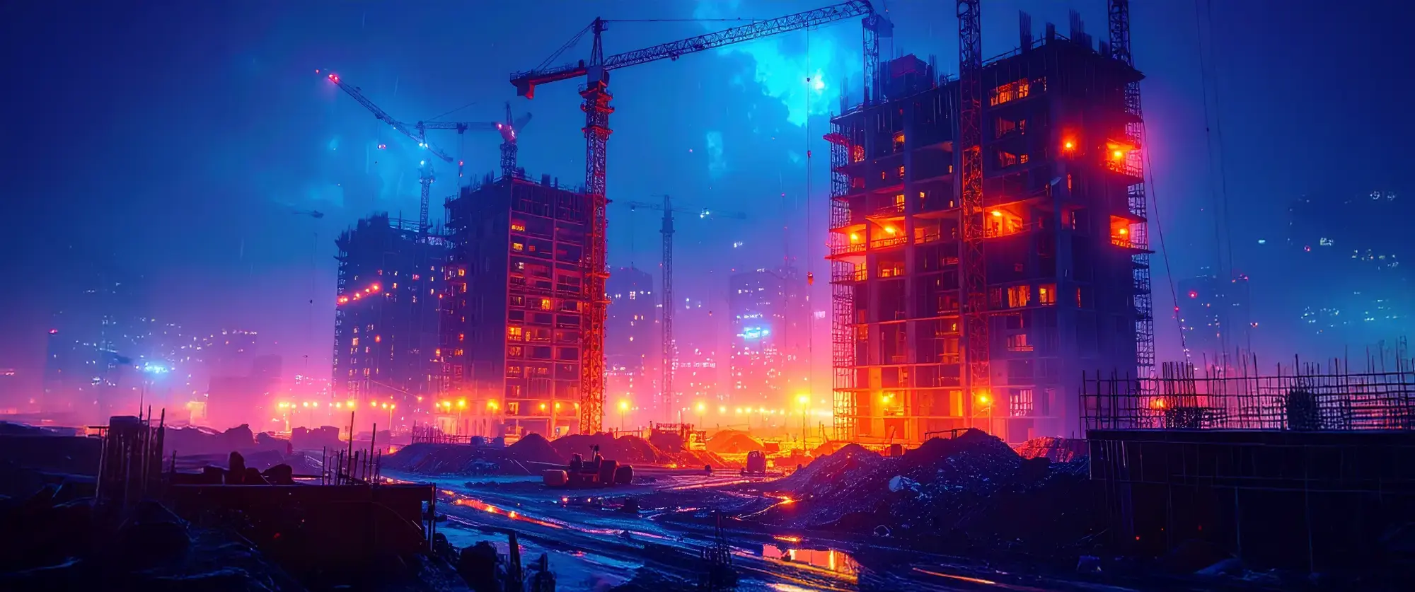 A large-scale construction site with cranes, scaffolding, and partially built high-rise structures. Different construction phases visible in one scene (foundation, structure, finishing). Subtle orange highlights emphasizing materials and work zones. Dark blue cinematic tone, high detail, realistic environment.