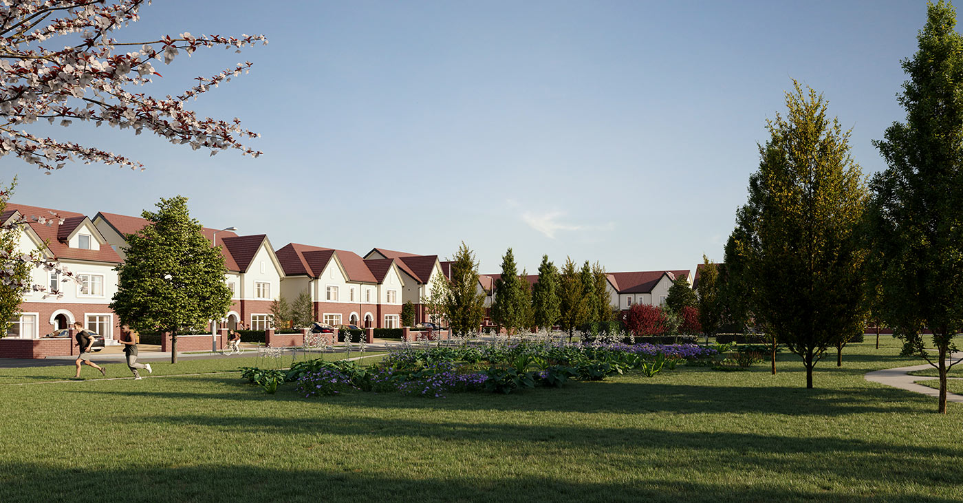 CGI Render of green area with trees and flowers