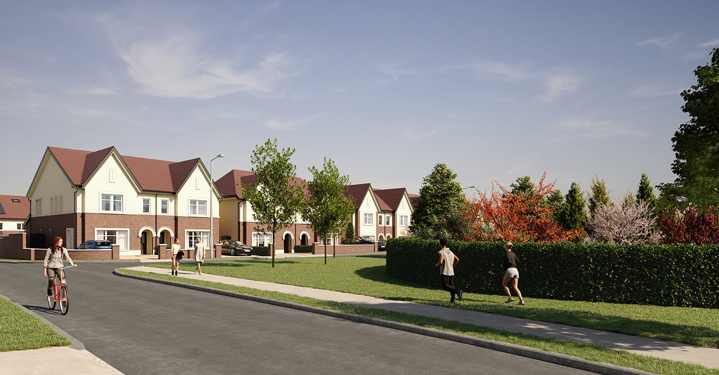 CGI Render of houses with bushes and trees in foreground