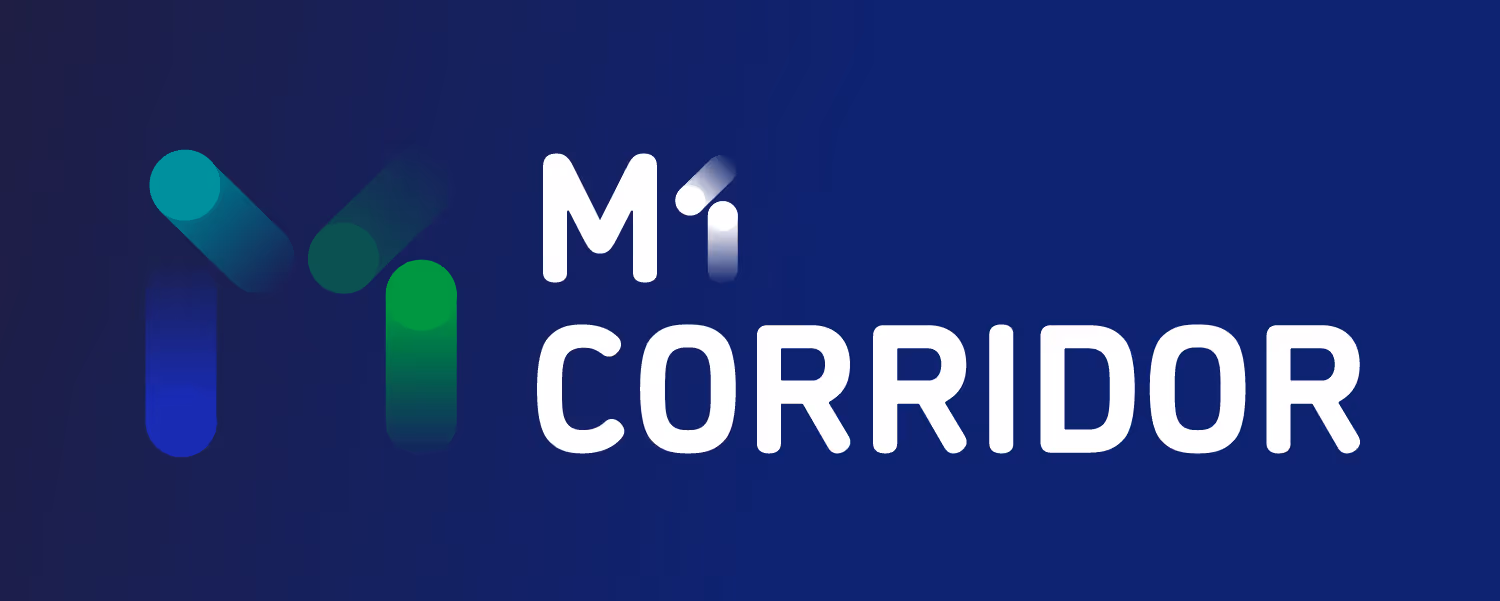 Logo with stylized letters forming M1 and the word CORRIDOR on a dark blue background.