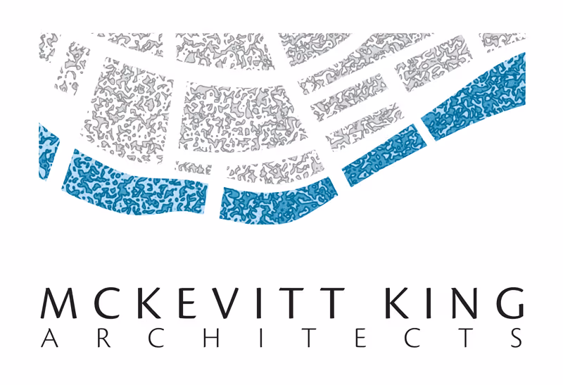 Abstract architectural map design in gray and blue above the text 'MCKEVITT KING ARCHITECTS' in black capital letters.