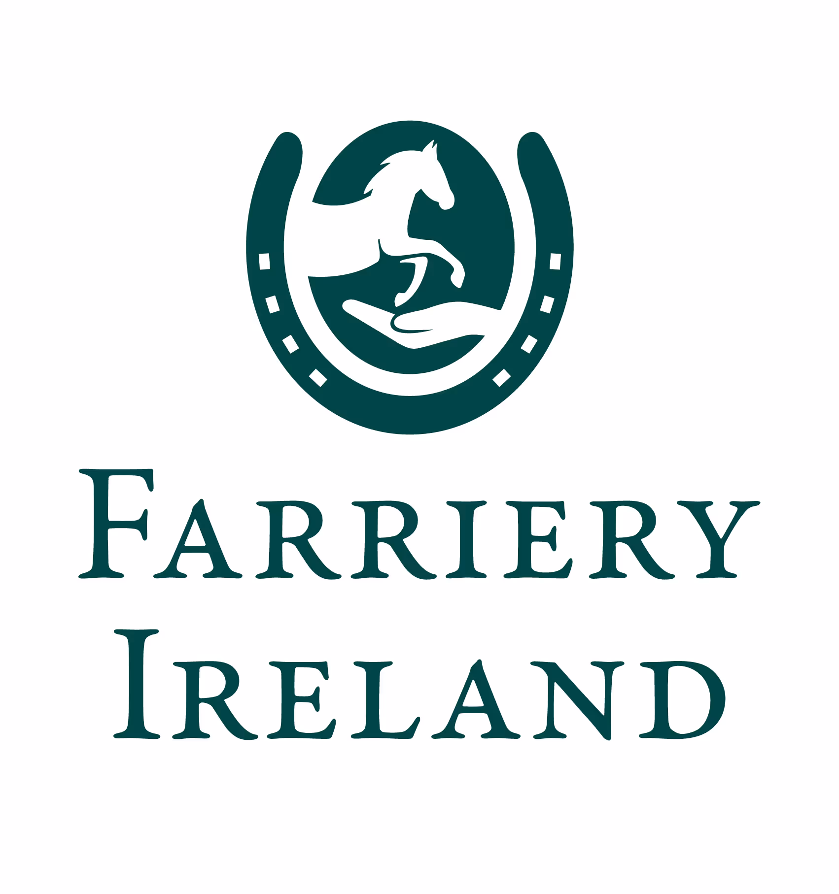 Logo for Farriery Ireland featuring a stylized horse above an open hand enclosed within a horseshoe outline, with the text 'FARRIERY IRELAND' below.
