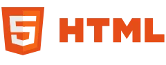 HTML5 logo with an orange shield and the letters HTML in orange to the right.