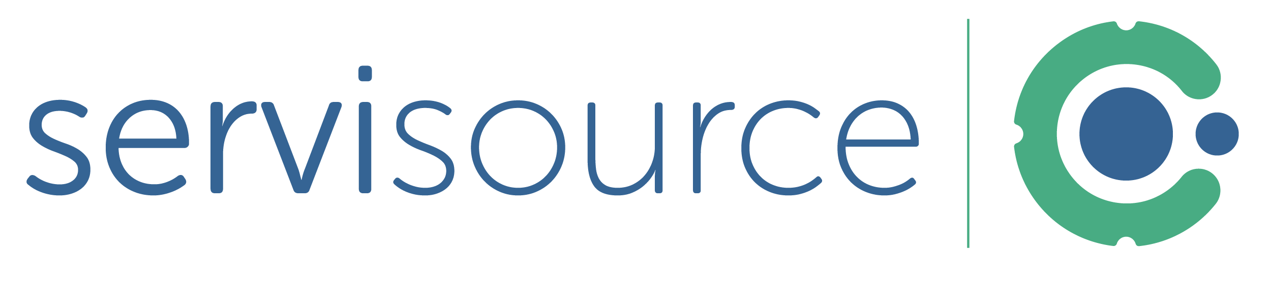 Servisource logo with stylized text in blue and a circular green and blue abstract symbol to the right, separated by a thin vertical green line.